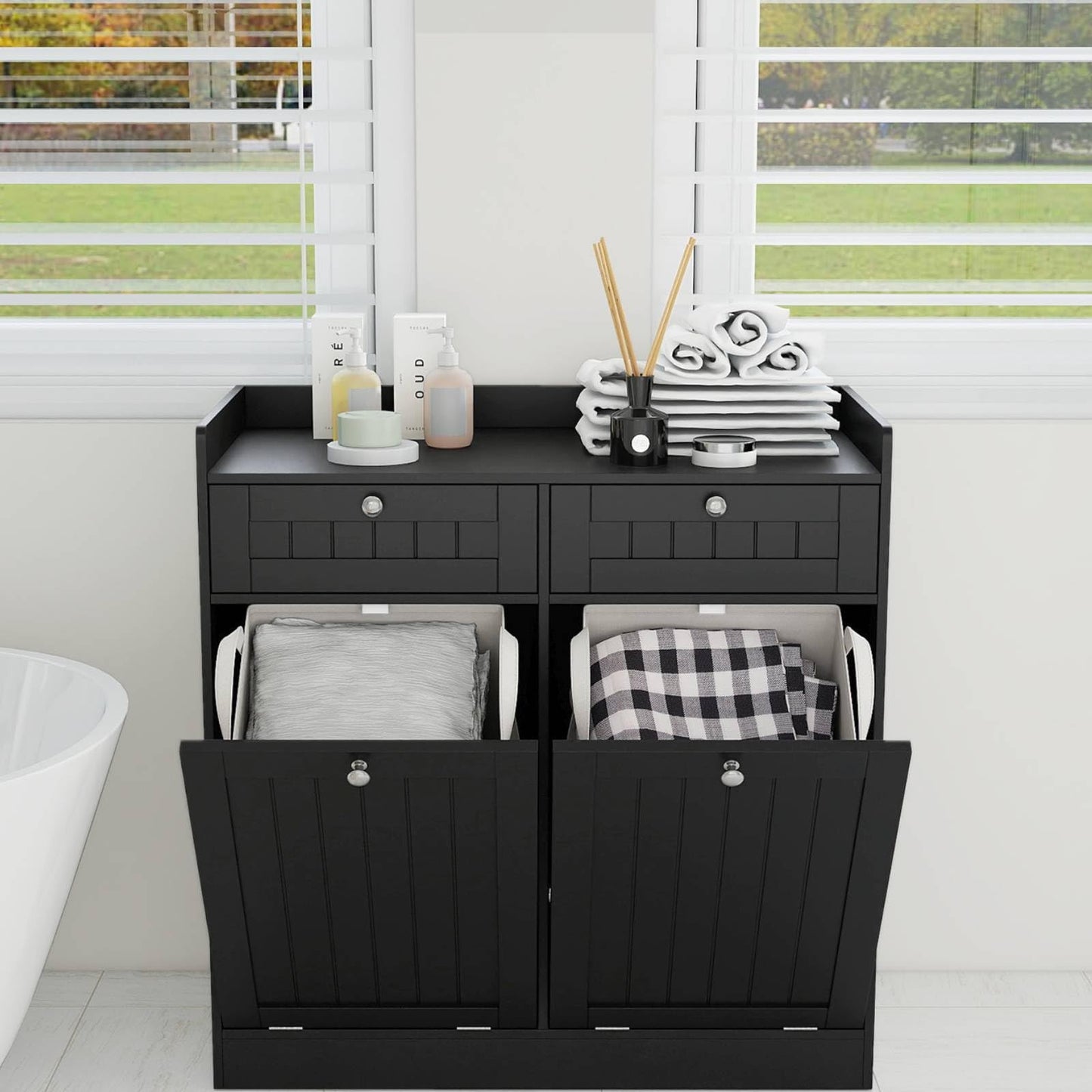 Double Tilt-Out Laundry Hamper Cabinet with Removable Baskets