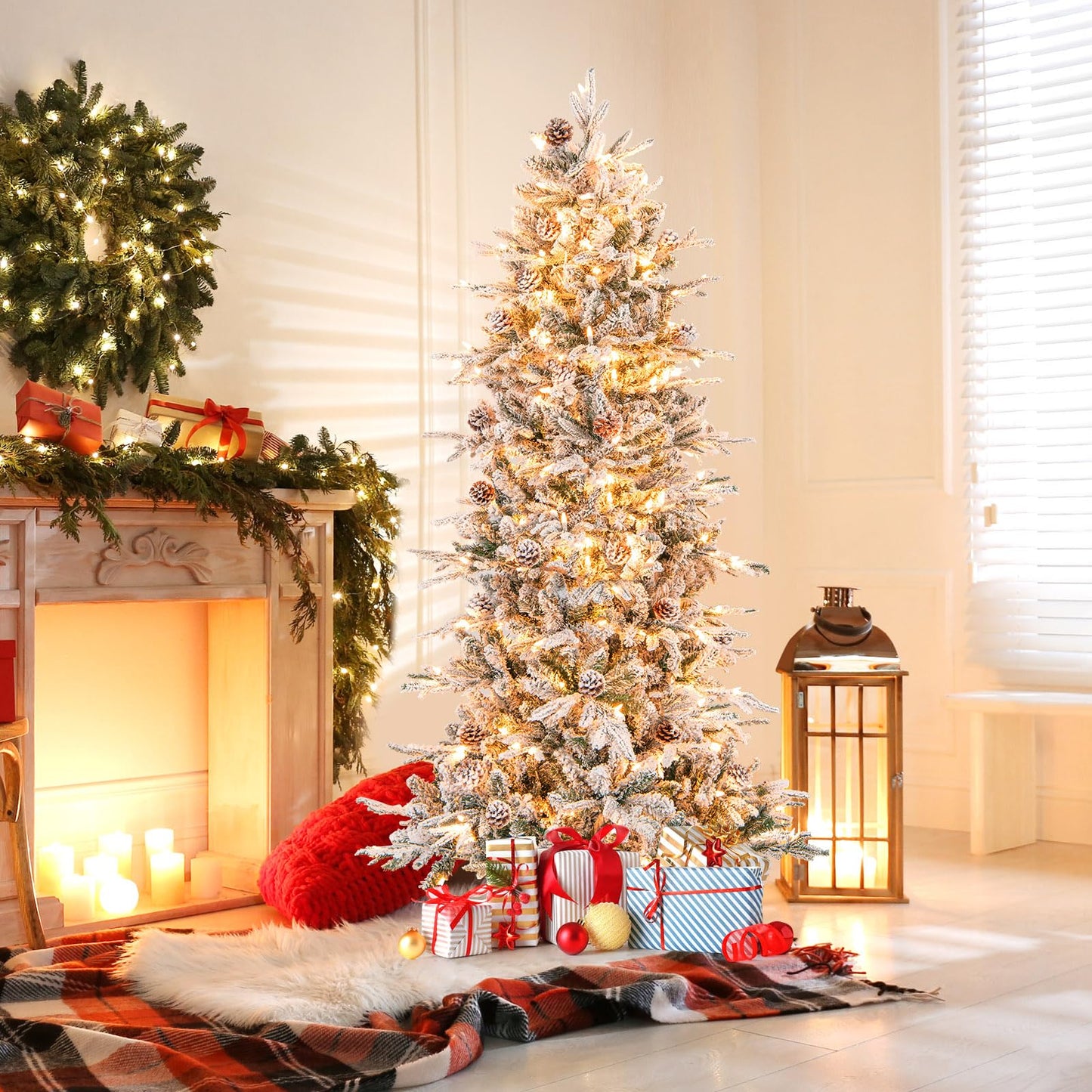 180 cm Artificial Xmas Tree with Flocked Branch Tips Natural Pine Cones Warm White Lights