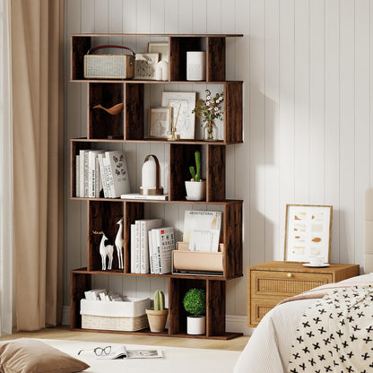 S-Shaped Wooden Bookcase, 5/6 Tiers Freestanding Storage Shelf