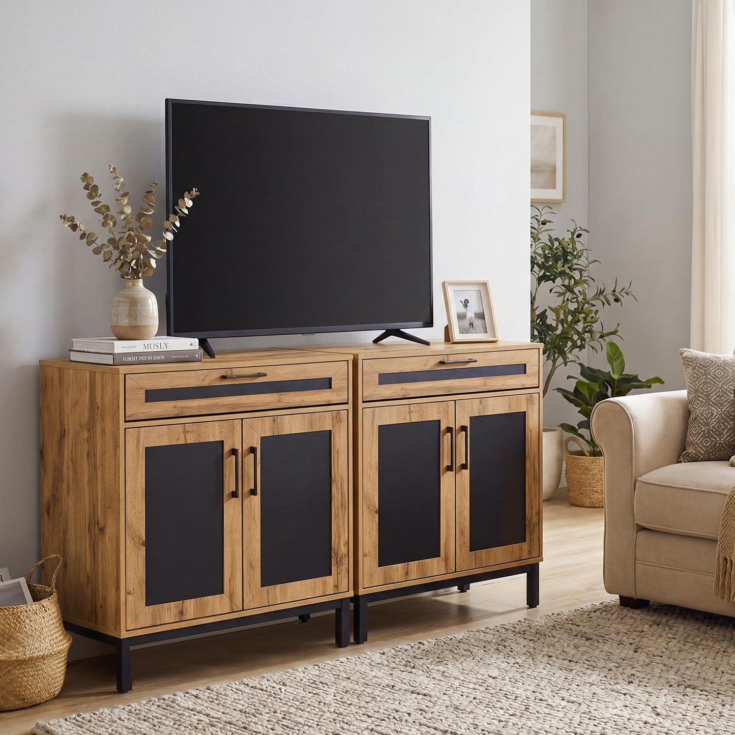 Storage Cabinet, Wooden Buffet Sideboard with Drawer, Doors, Removable Shelves and Metal Legs