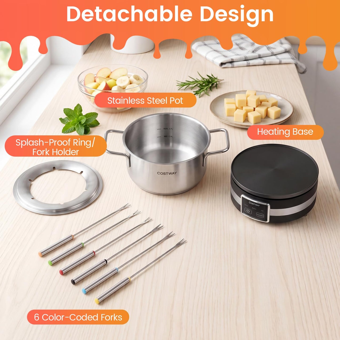Electric Fondue Pot Set 1200W Fondue Maker with Removable Stainless Steel Pot