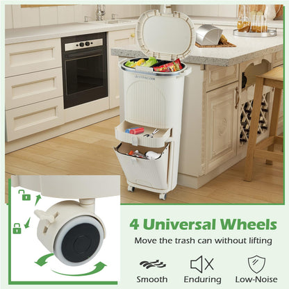 Recycling Bins, 42L Dry and Wet Separation Trash Can with 3 Compartments, Wheels, Stickers & Handl
