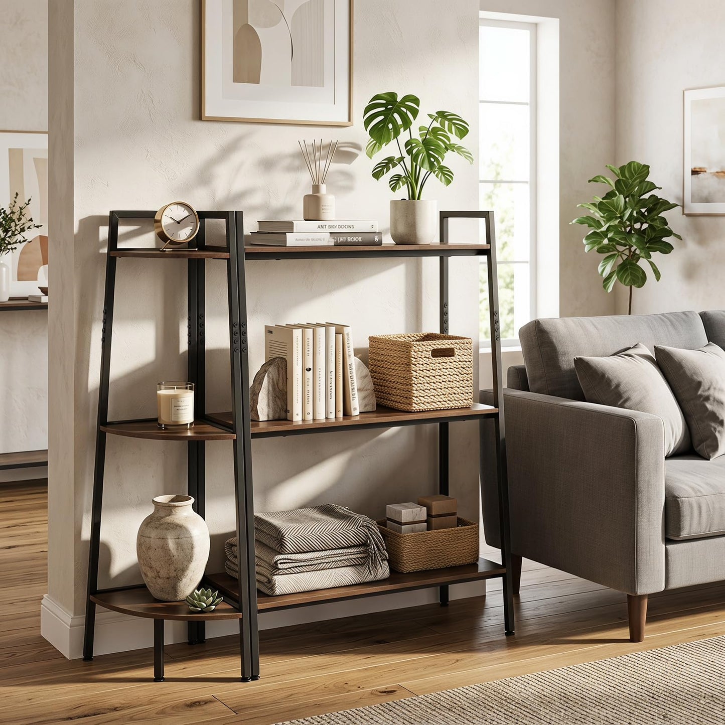 3-Tier Ladder Shelf & Corner Stand, Rustic Brown