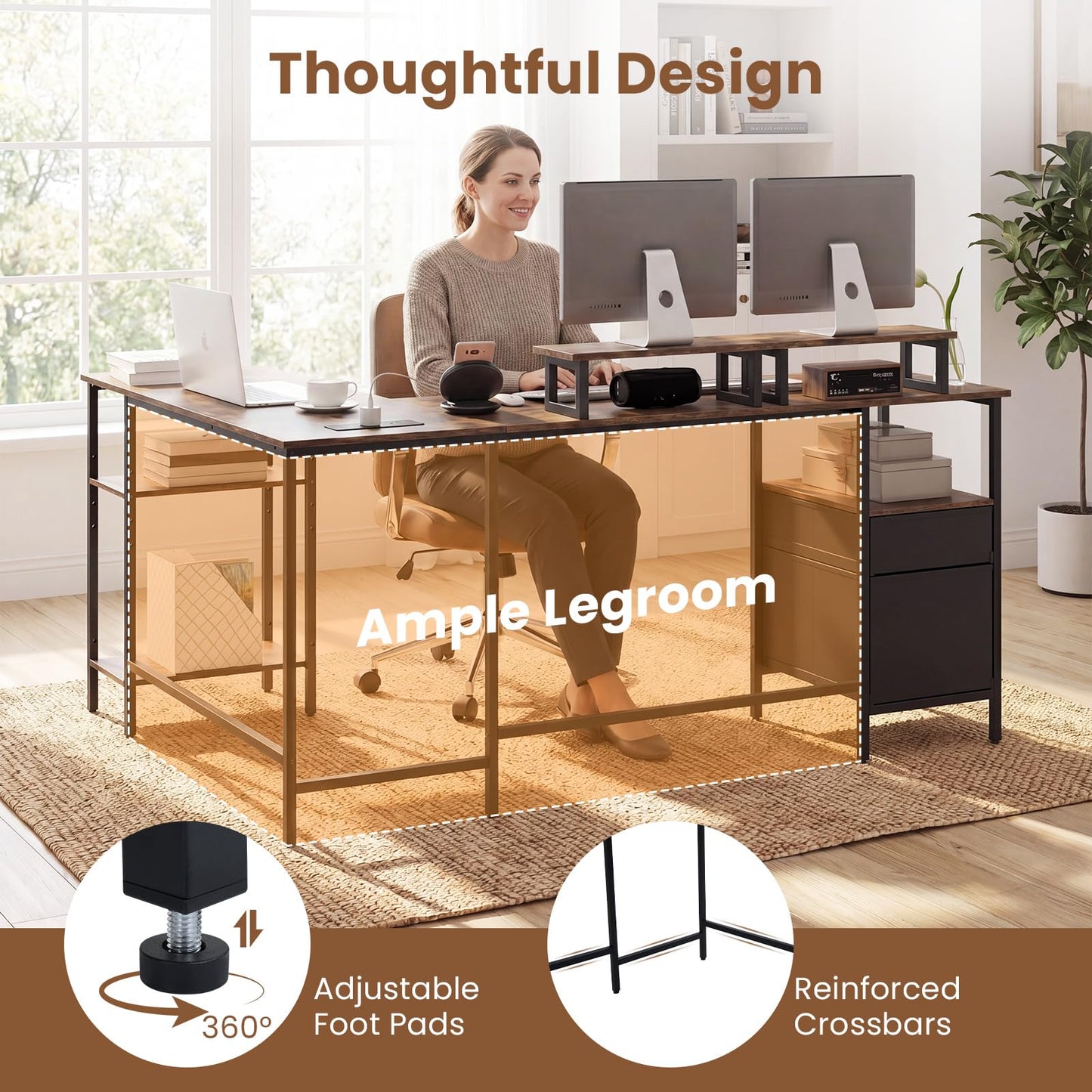L-shaped Desk with Power Outlets Monitor Stand 2 Drawers and Adjustable Shelf