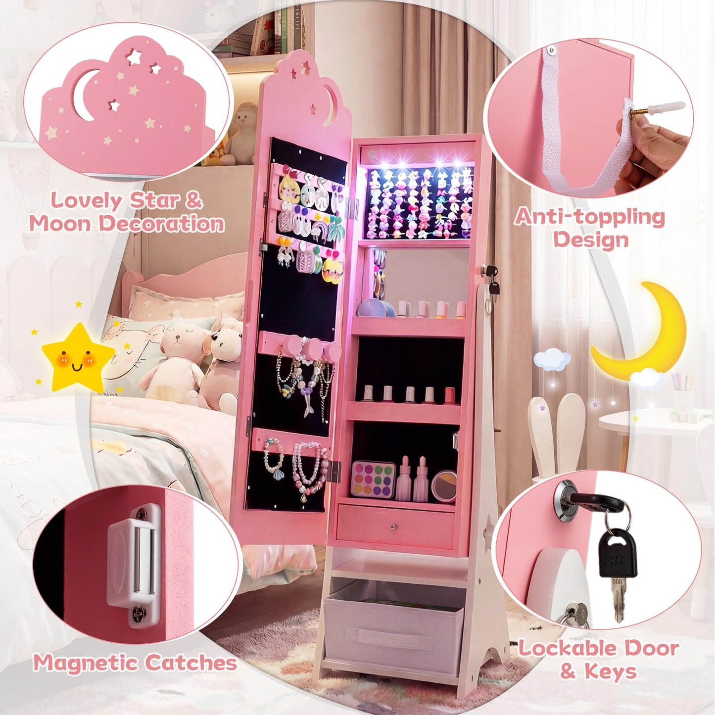 Kids Jewelry Cabinet with Sensor Lights and Full-Length Mirror