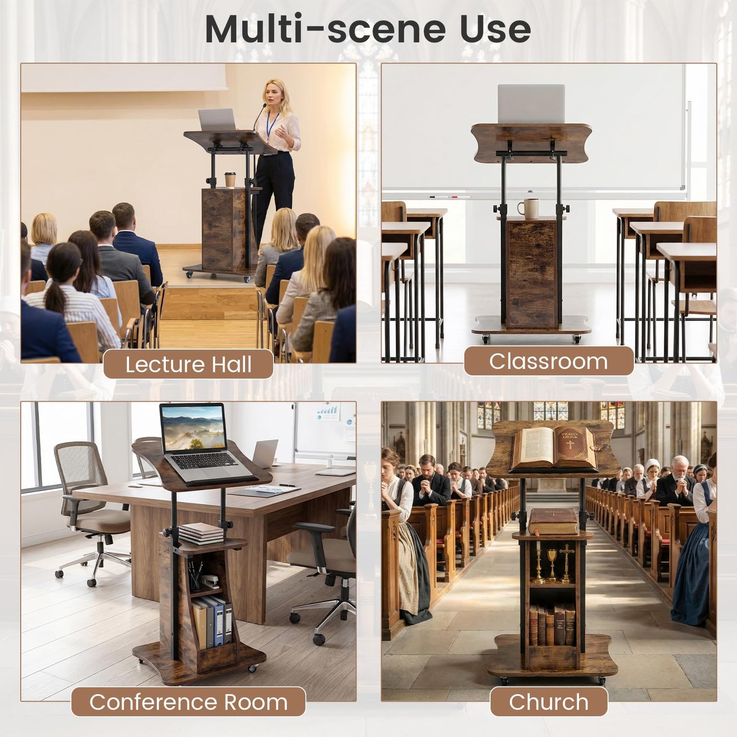 Mobile Laptop Table, Height Adjustable Sit Stand Desk Podium Stand Presentation Cart