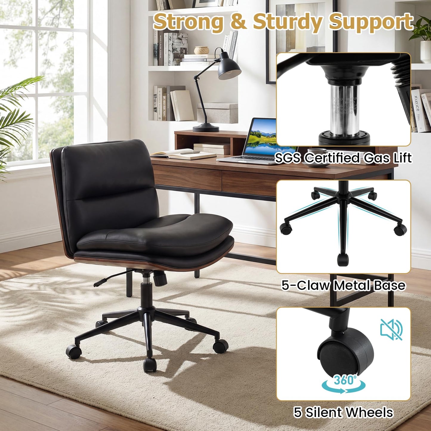 Armless Office Chair with Swivel Wheels & Curved Backrest for Home Office
