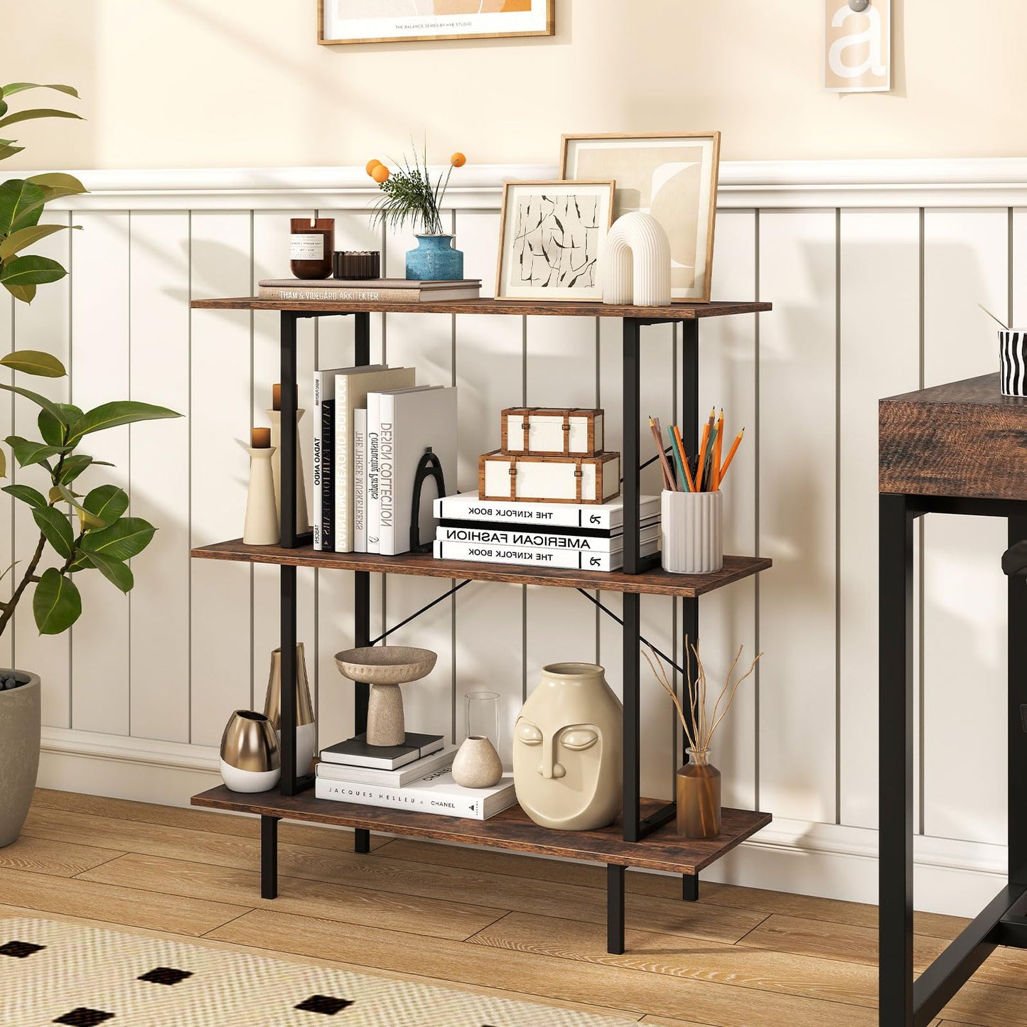 3-Tier Industrial Bookshelf with Open Shelves and Metal Frame for Living Room Study