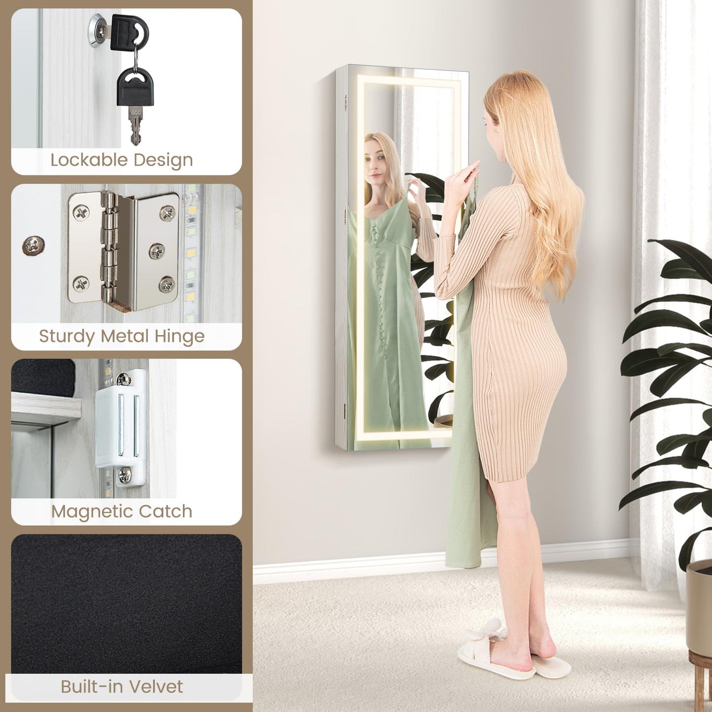108cm Lockable Jewelry Mirror Cabinet with 3-Color LED Lights