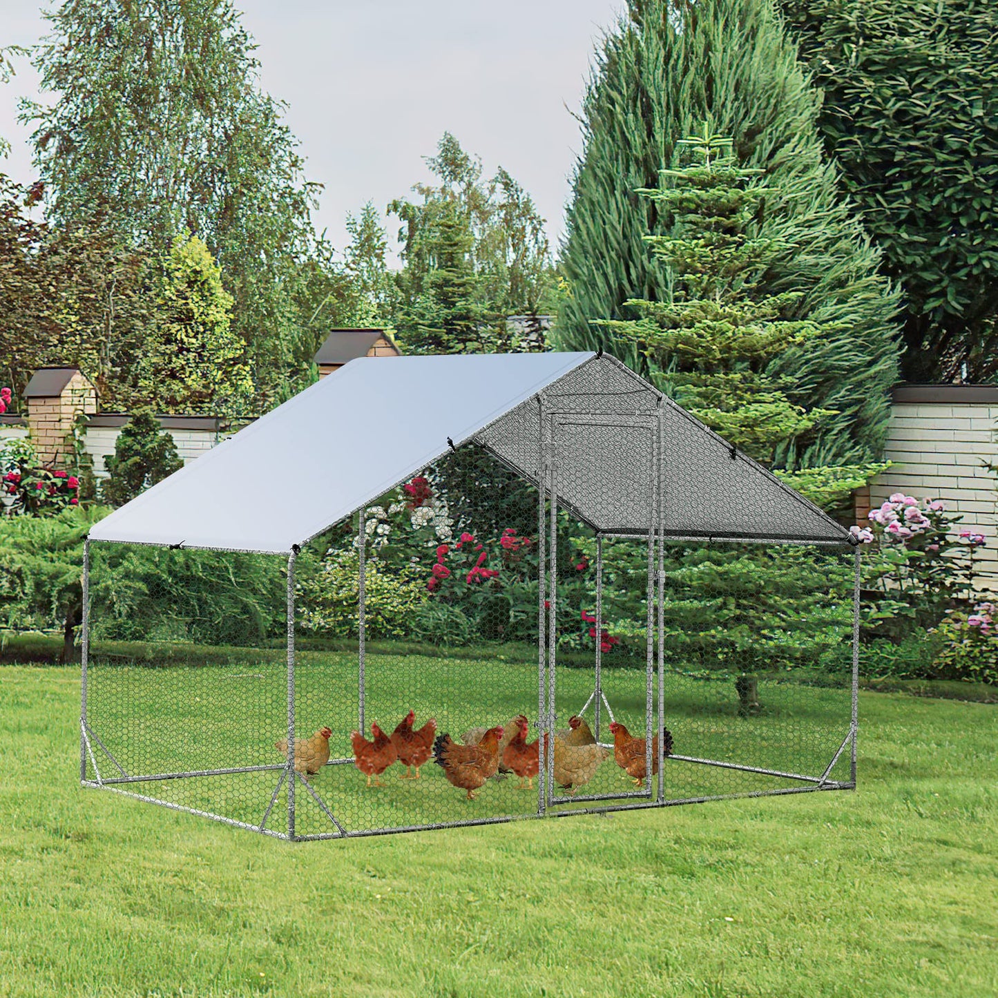 Galvanized Metal Walk-in Large Chicken Run Coop with Waterproof & Sun-protective Cover