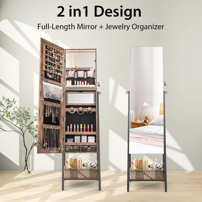 Lockable Floor Jewelry Armoire Organizer with Full Length Mirror