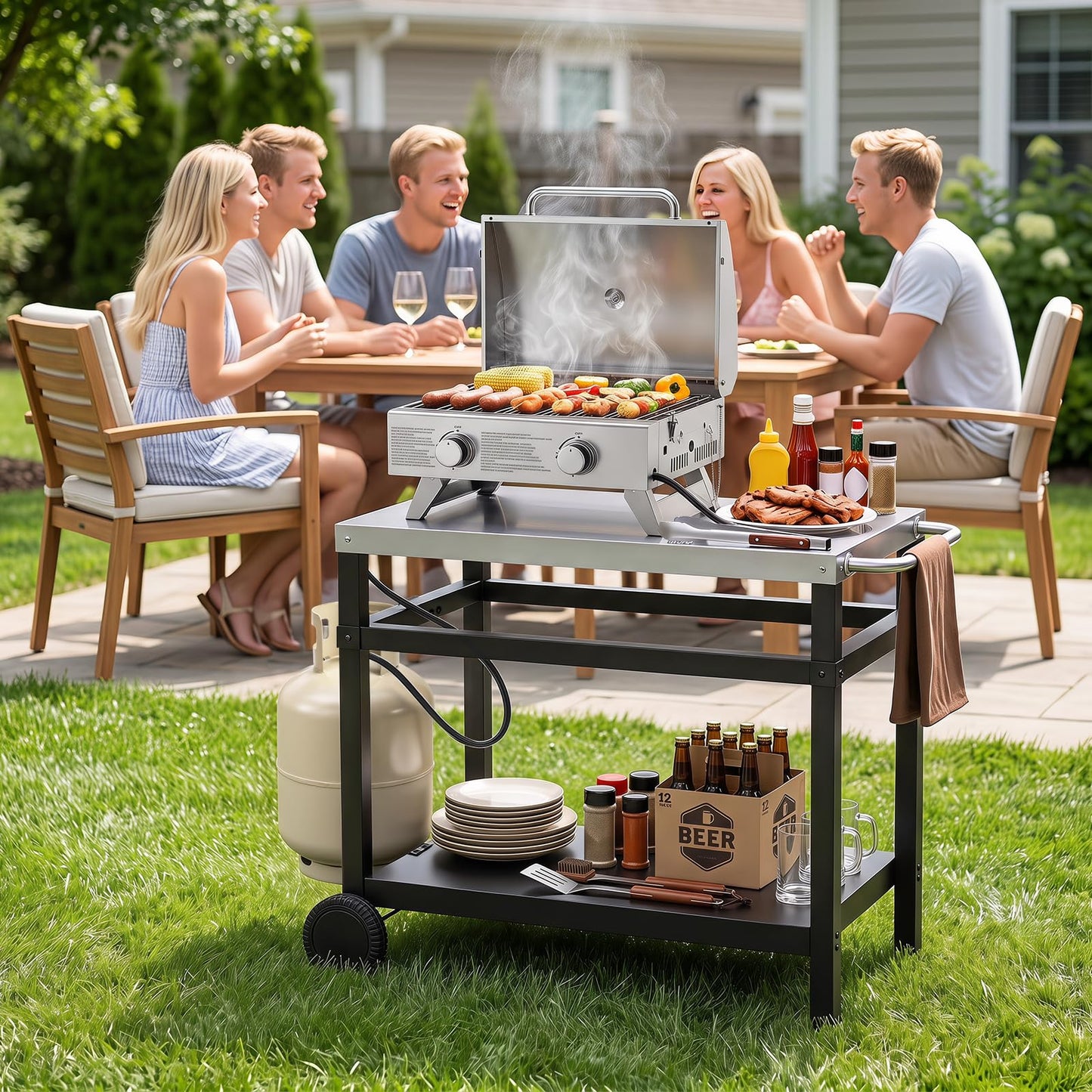 Outdoor Grill Dining Cart, Movable Pizza Oven Table Stand Trolley