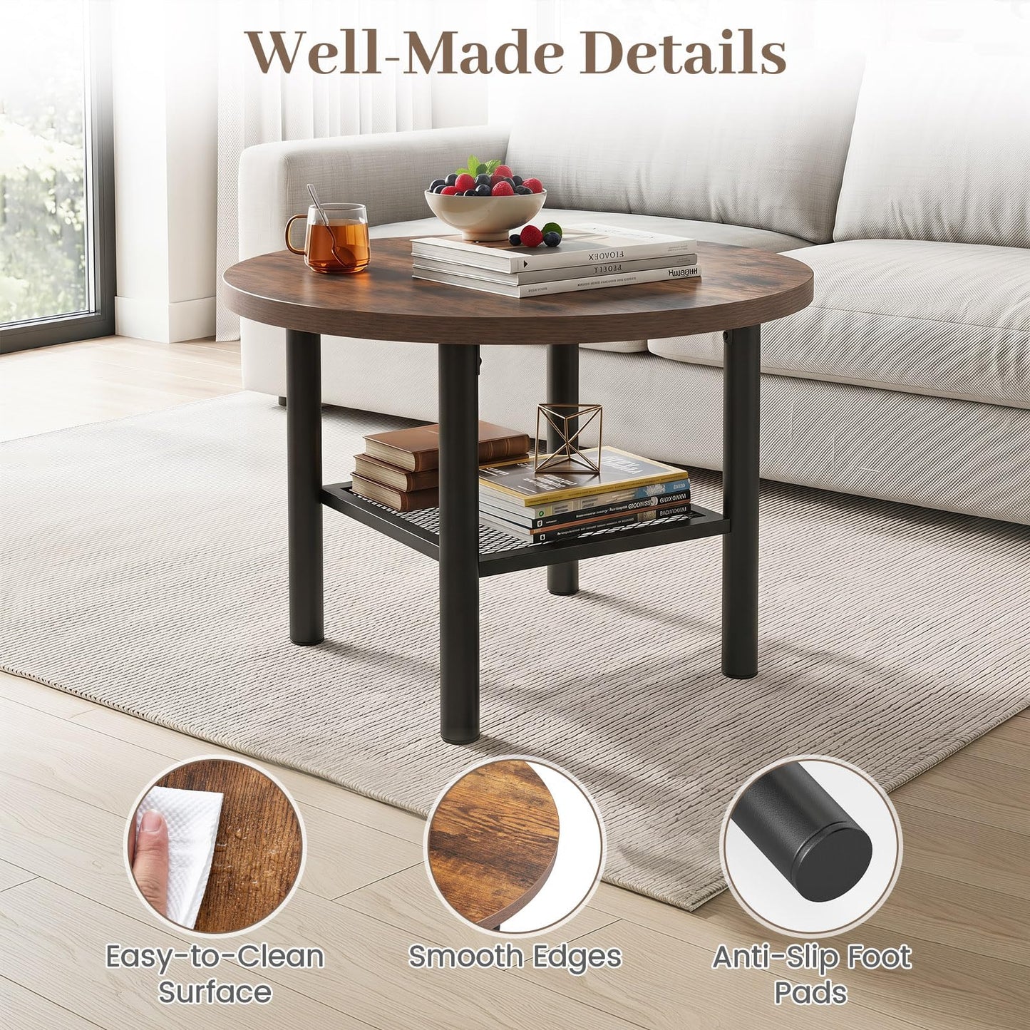 2-Tier Round Coffee Table with Storage