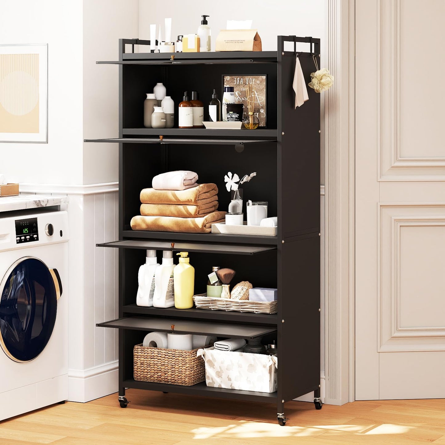 Kitchen Storage Cabinet, 5 Tier Tall Pantry Cupboard with Flip-Up Doors