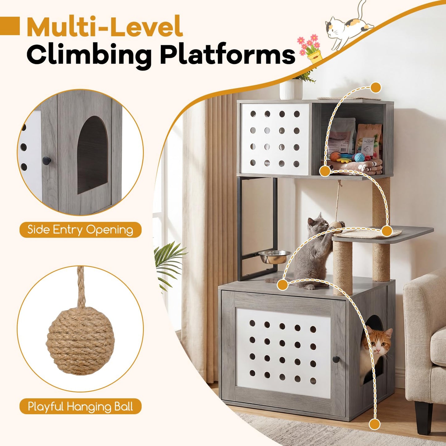 Cat Litter Box Enclosure Cat Tree Play Tower| Cats House Activity Center Hidden Washroom Toilet