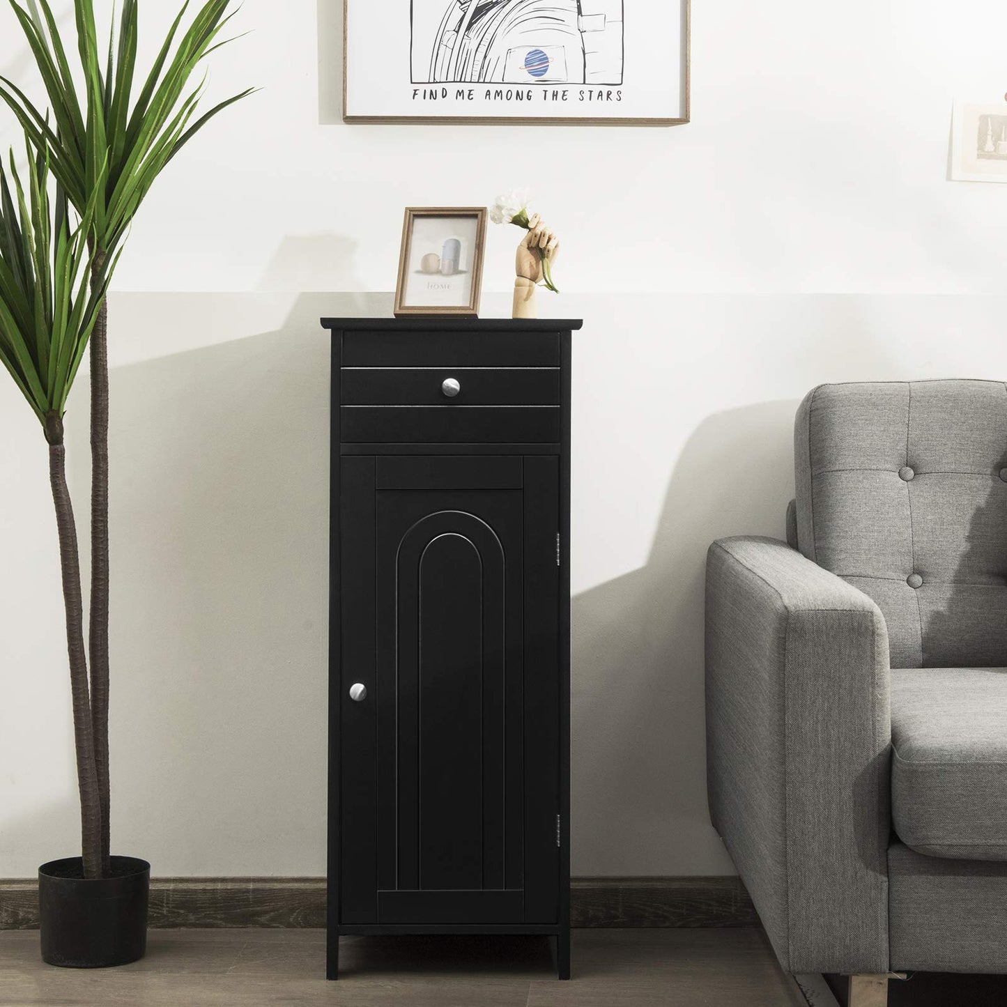 Floor Standing Wooden Cupboard with Single Door and Drawer