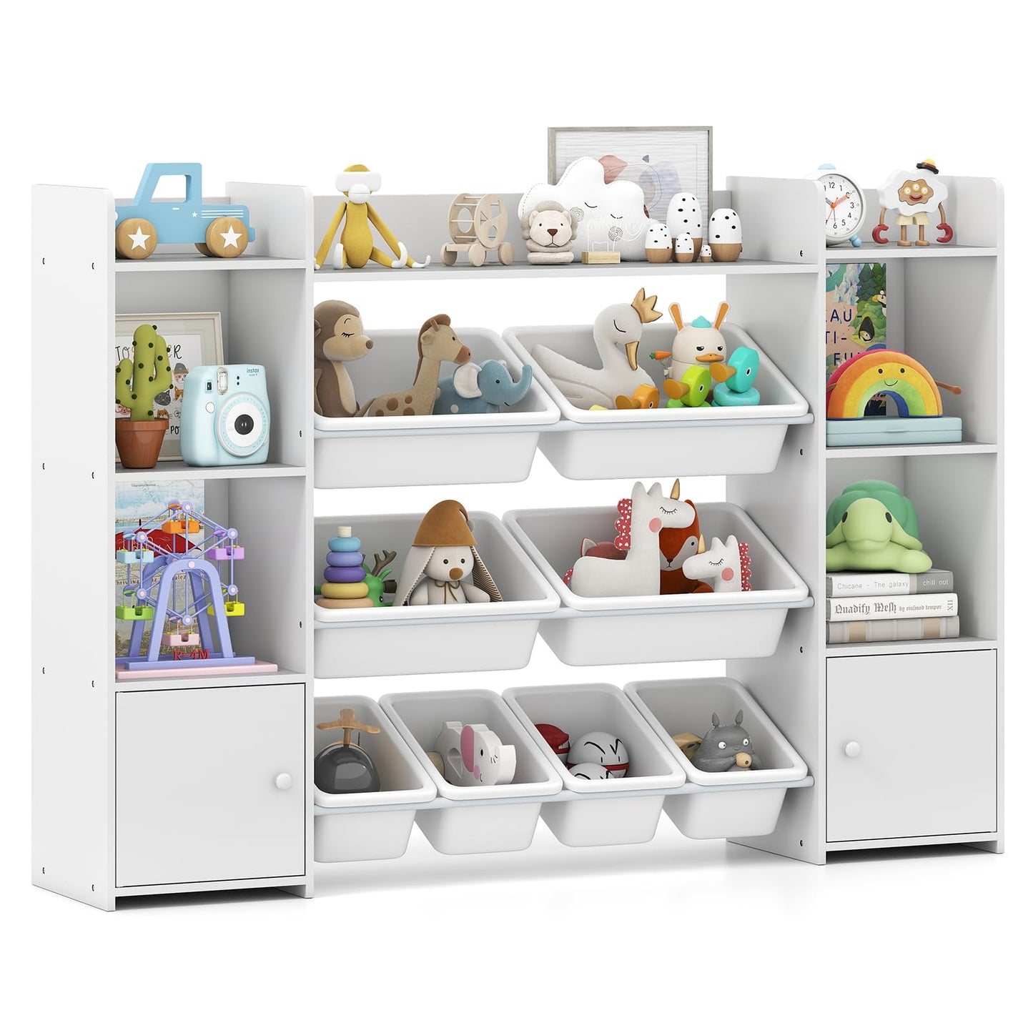 142 cm Large Toy Storage Organizer with 8 Removable Bins and Bookshelf