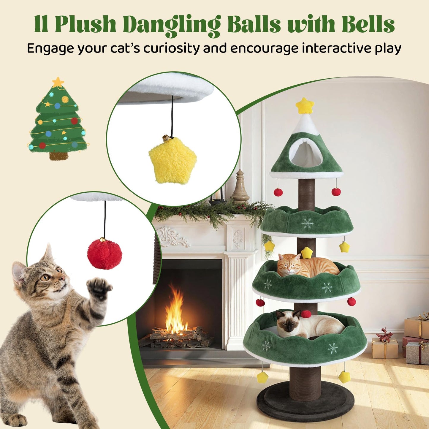 179 CM Tall Christmas Cat Tree Multi-Level Kitten Tower with 3 Plush Platforms