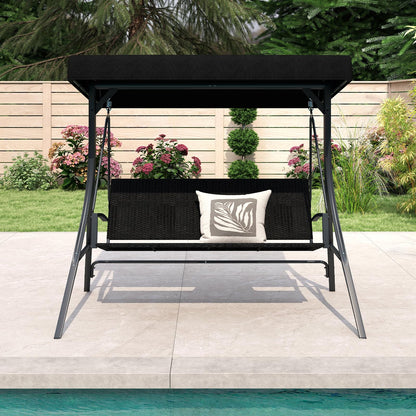 3-Person Porch Swing with Stand Adjustable Canopy Swing with Rattan Seat