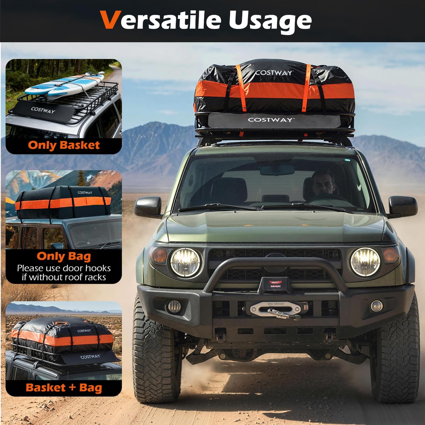 Roof Rack Cargo Basket with 425L Waterproof Bag and 90kg Max Load