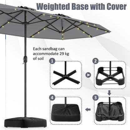 4M Double-Sided Parasol with Base with 36 Solar LED Lights
