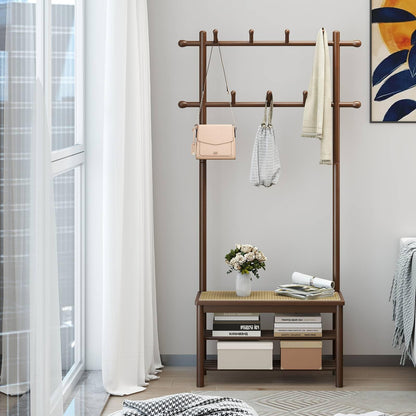 Bamboo Coat Rack PE Rattan Hall Tree with Bench and Shoe Storage