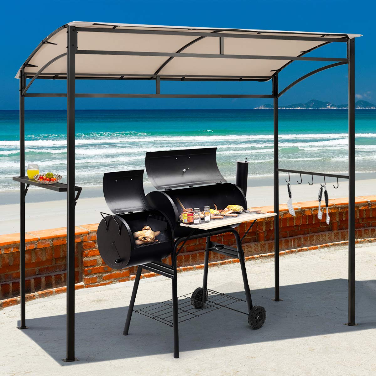 Outdoor Grill Gazebo with Serving Shelf and Storage Hooks