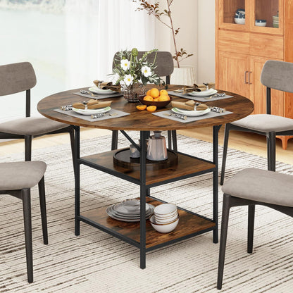 Dining Table for 4-6 People, Round Wooden Kitchen Tables with Storage Shelves