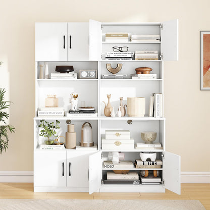 Pantry Cabinet with Power Outlets Freestanding Narrow Kitchen Hutch with 4 Doors