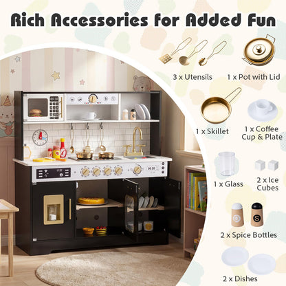 Kids Play Kitchen, Wooden Pretend Toy Kitchen with Realistic Lights & Sounds