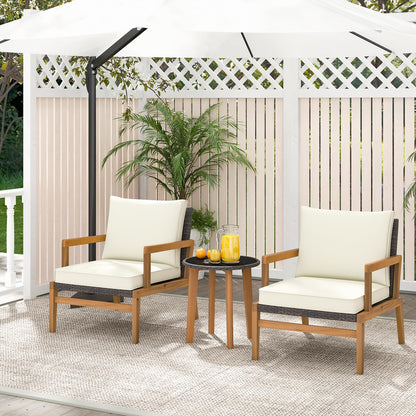 Wooden Patio Bistro Set with Soft Cushions and Tempered Glass Tabletop,