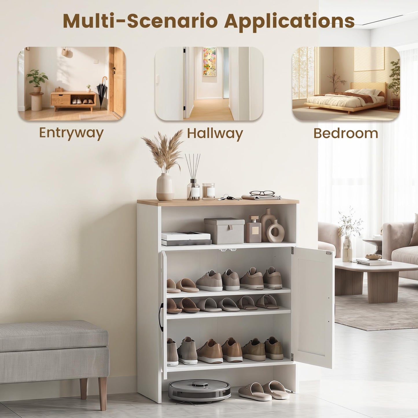Shoe Cabinet with 2 Barn Doors and Adjustable Shelves for Entryway