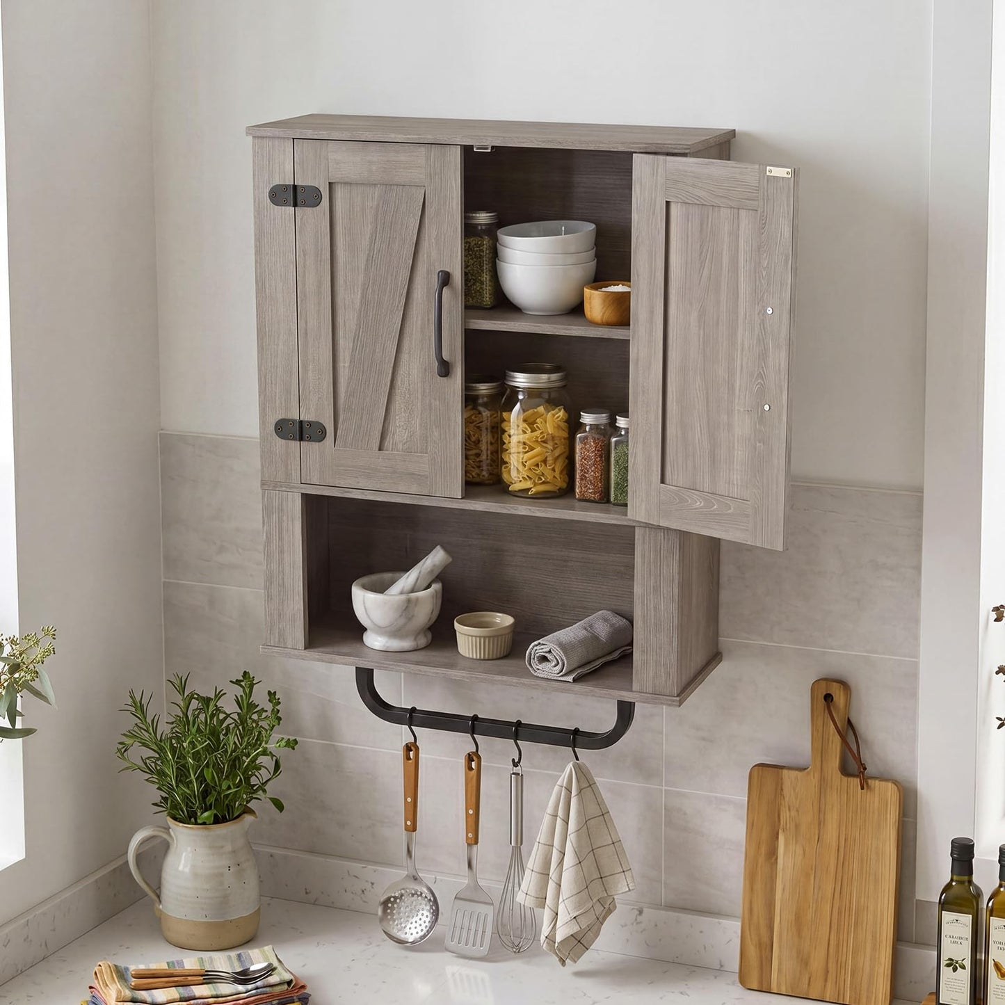 Bathroom Wall Cabinet with 2 Barn Doors & Metal Towel Bar