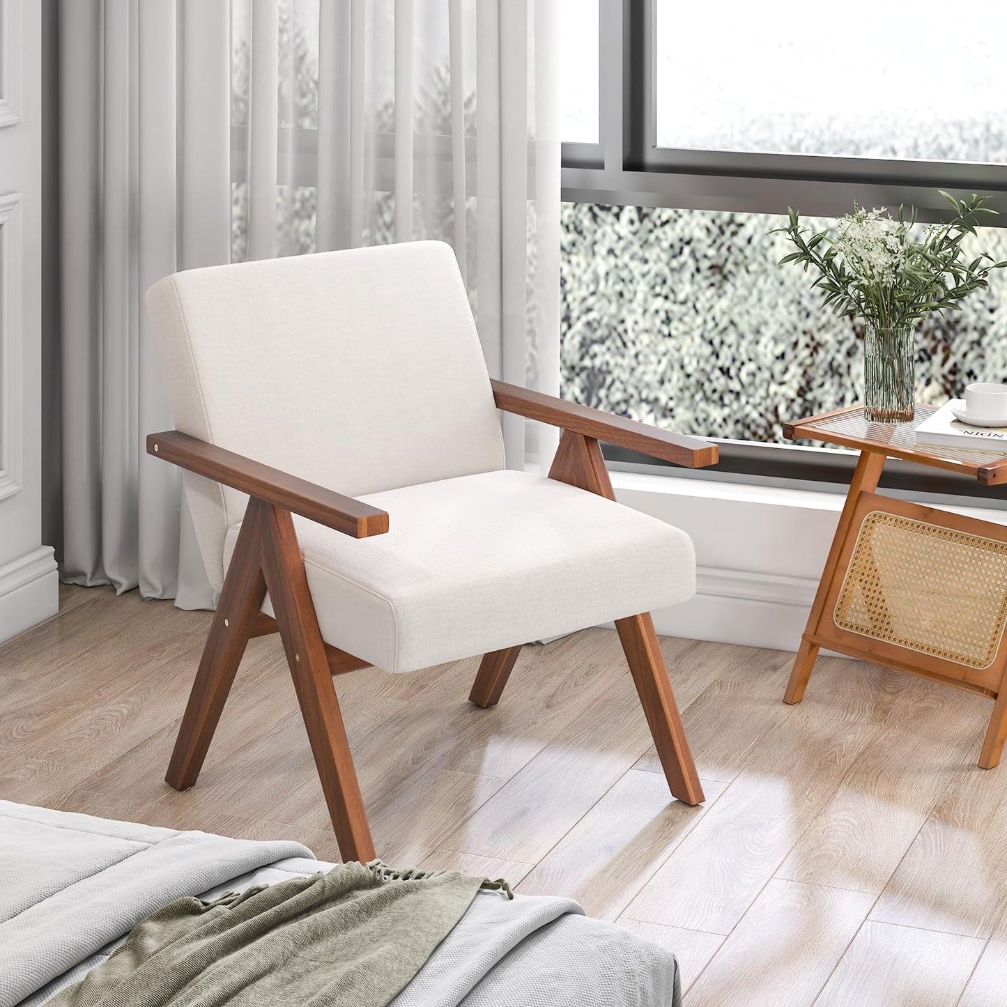 Modern Accent Chair Linen Fabric Armchair with Solid Acacia Wood Frame