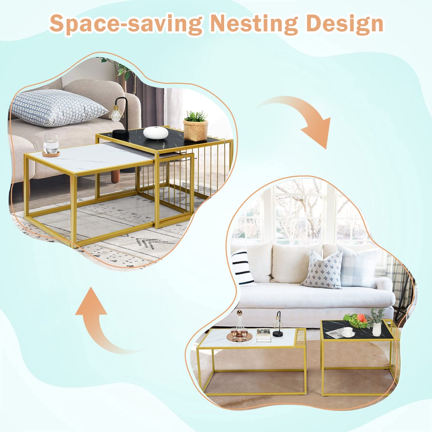 Modern Coffee Nesting Table Set Waterproof Faux Marble