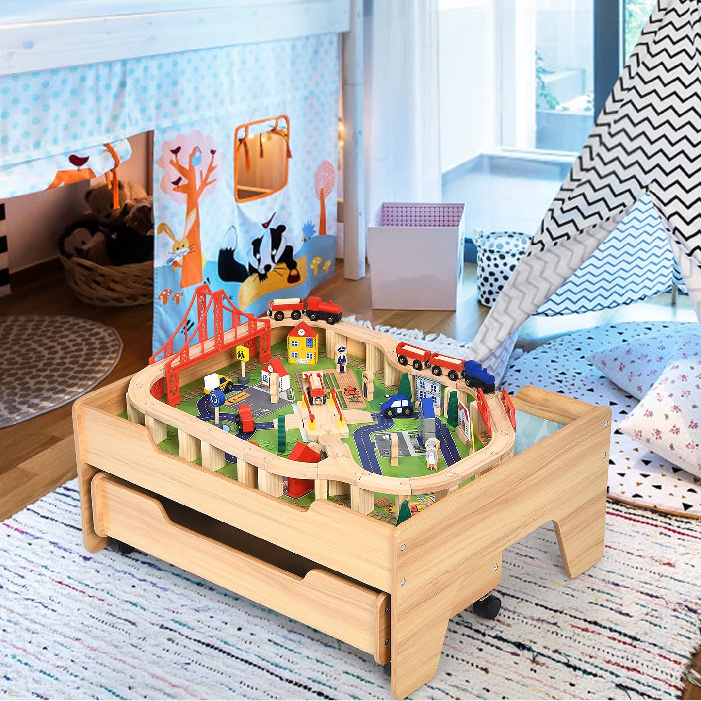 Train Track Set and Table, Wood Kids Play Tables with Drawer on Wheels, 100Pcs Accessories, DIY Railway Activity Playset for Boys Girls