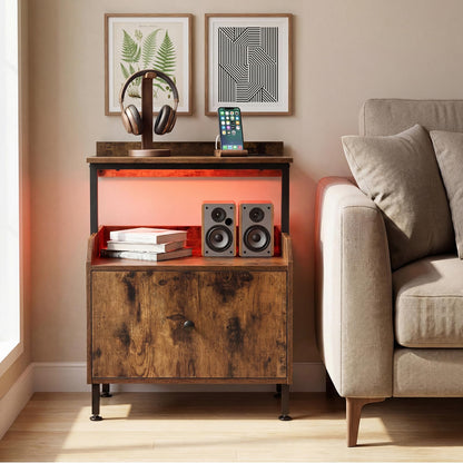 Nightstand Bedside Table with Charging Station and LED Light