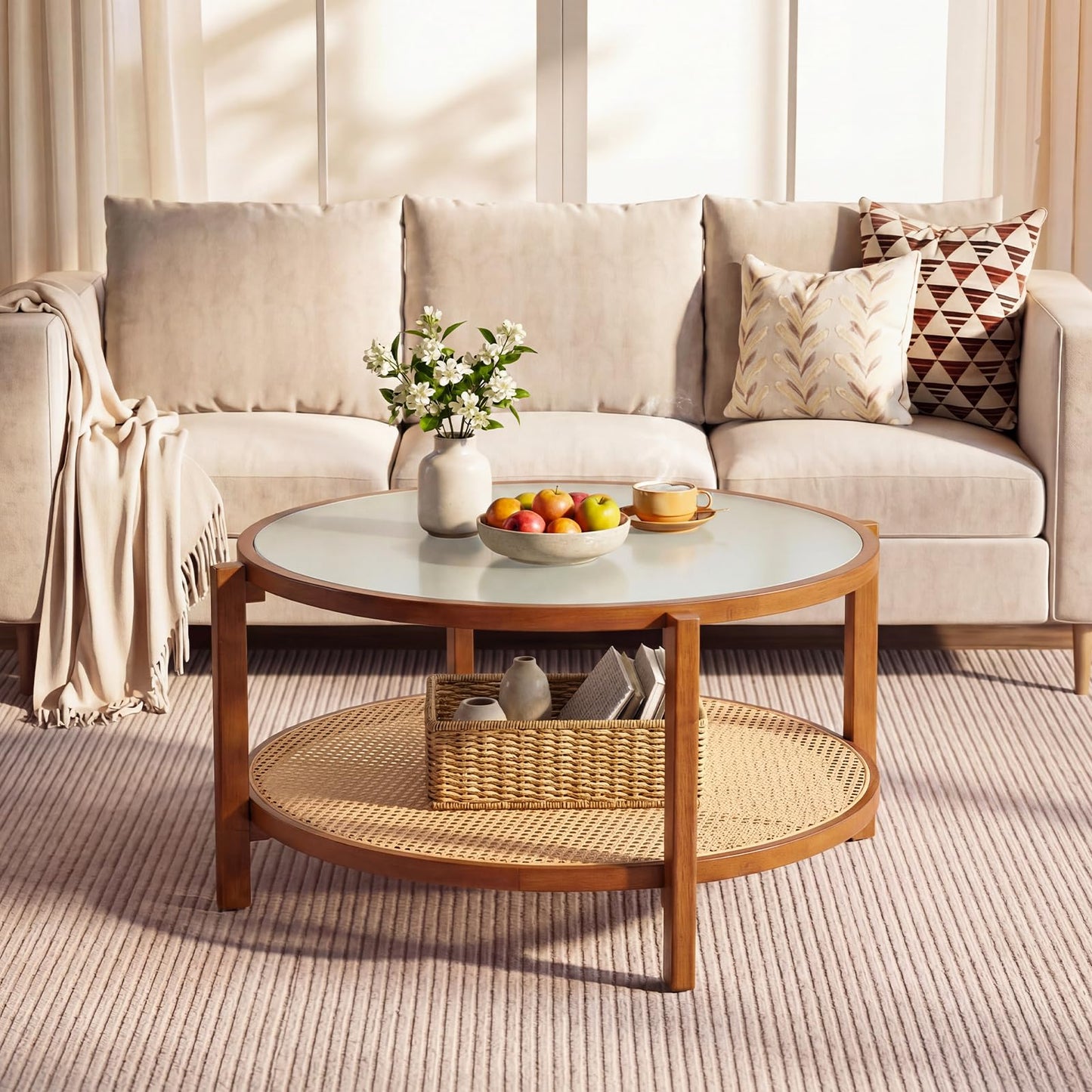 Rattan Coffee Table with Tempered Glass Top for Living Room