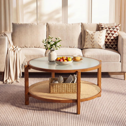 Rattan Coffee Table with Tempered Glass Top for Living Room