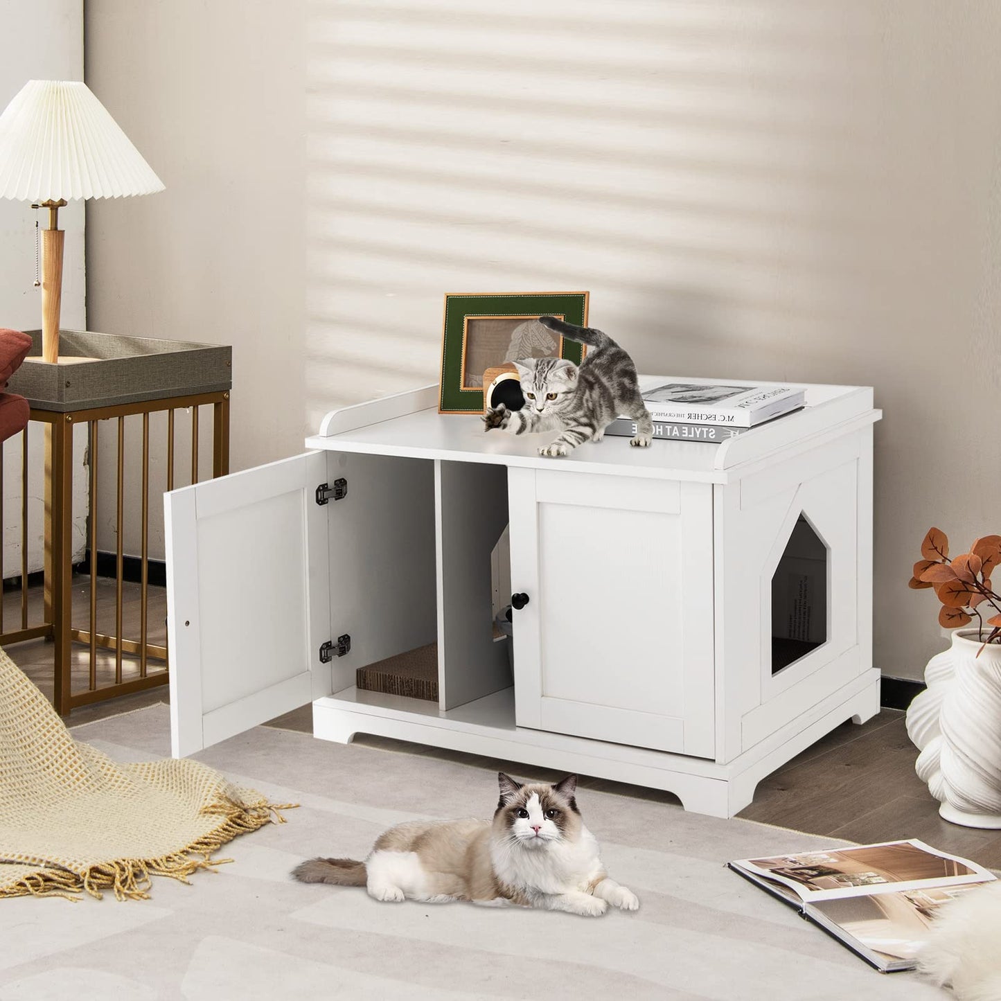 Cat Litter Box Enclosure with Scratching Pad and Adjustable Divider