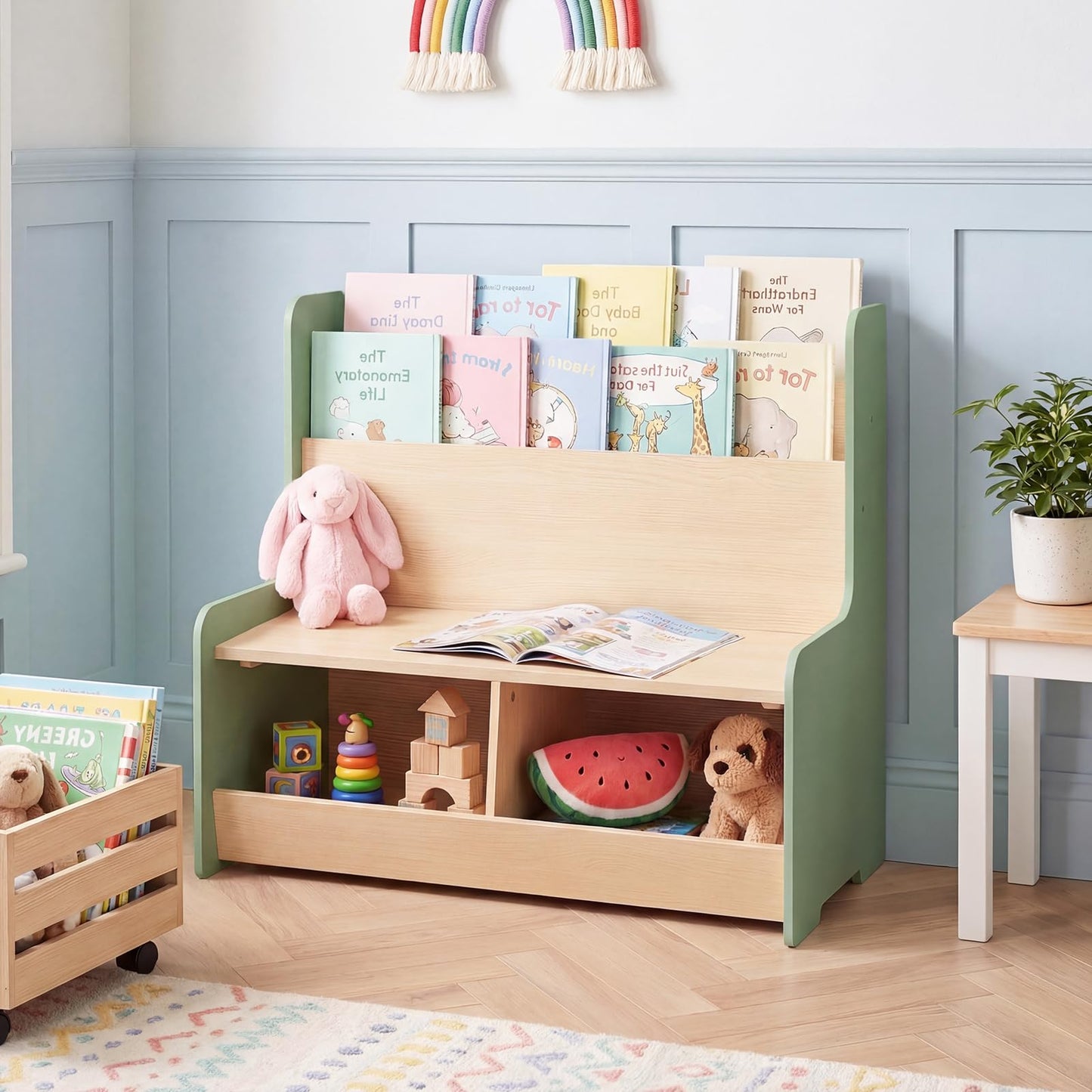 Kids Reading Nook with Bench Toddler Toy Storage Organizer with Bookshelf and 2 Cubbies