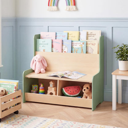 Kids Reading Nook with Bench Toddler Toy Storage Organizer with Bookshelf and 2 Cubbies