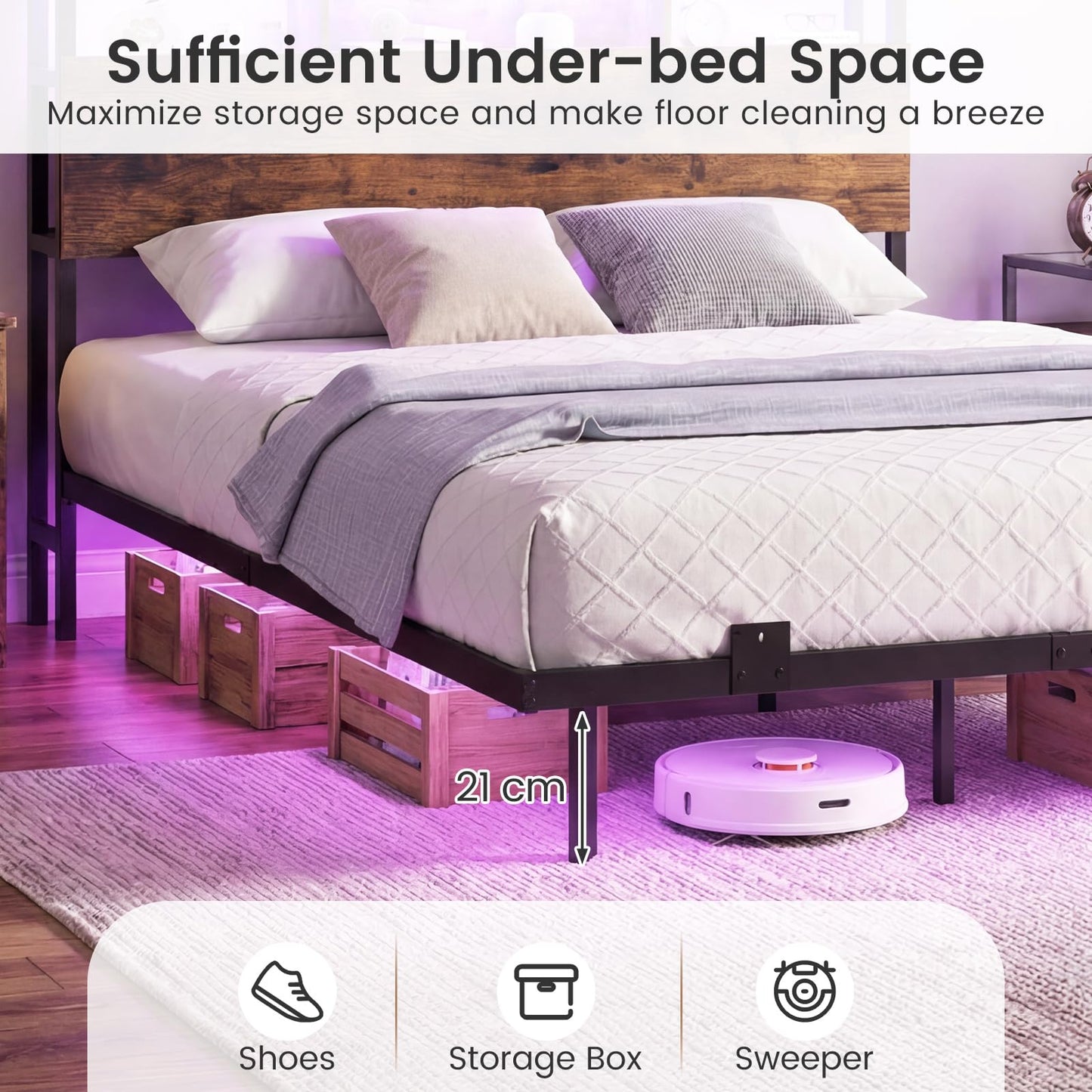 King Size Bed Frame with LED Lights and Charging Station