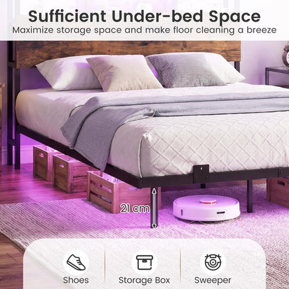 King Size Bed Frame with LED Lights and Charging Station