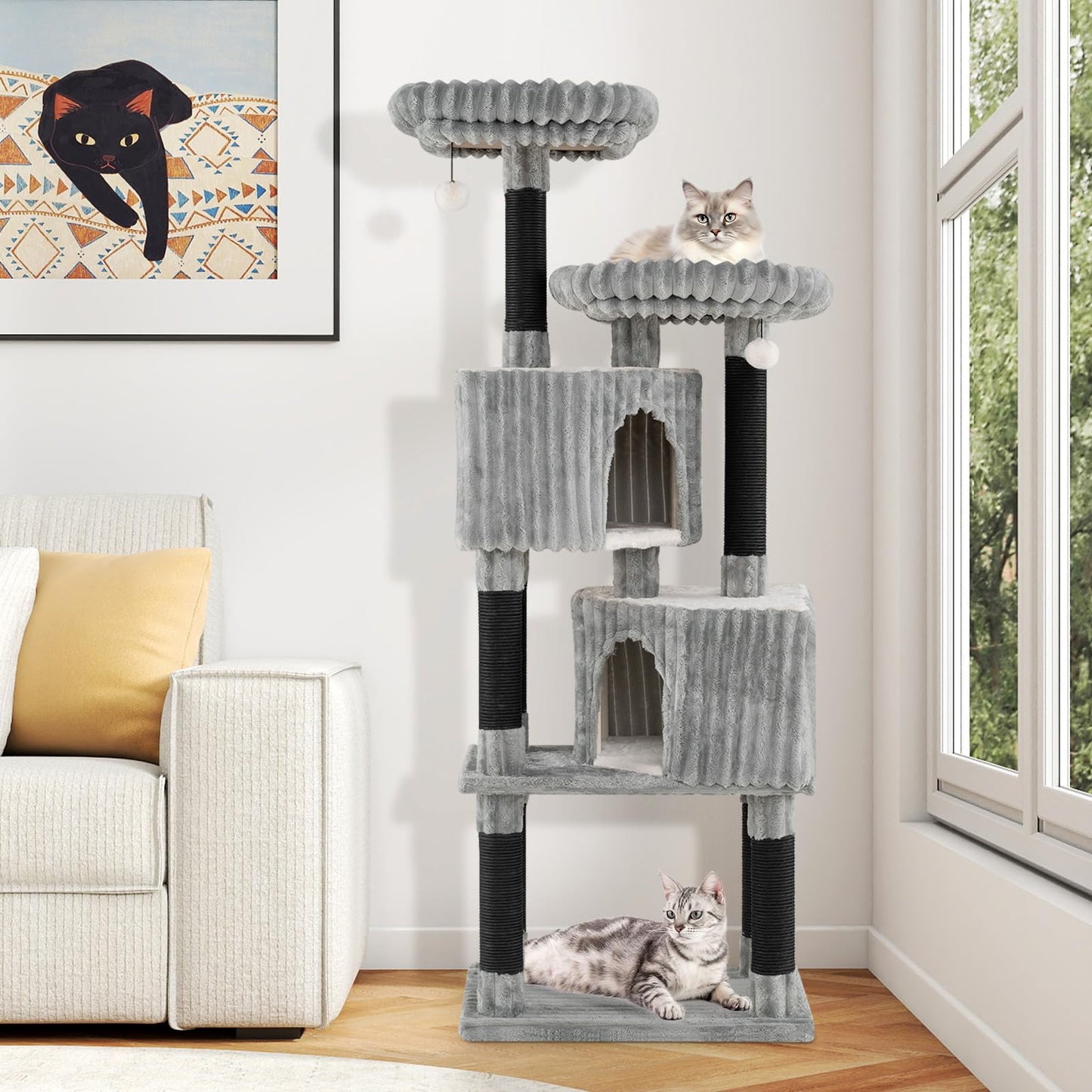 Cat Tree, 156cm Tall Multi-Layer Cats Tower with 2 Perch Beds