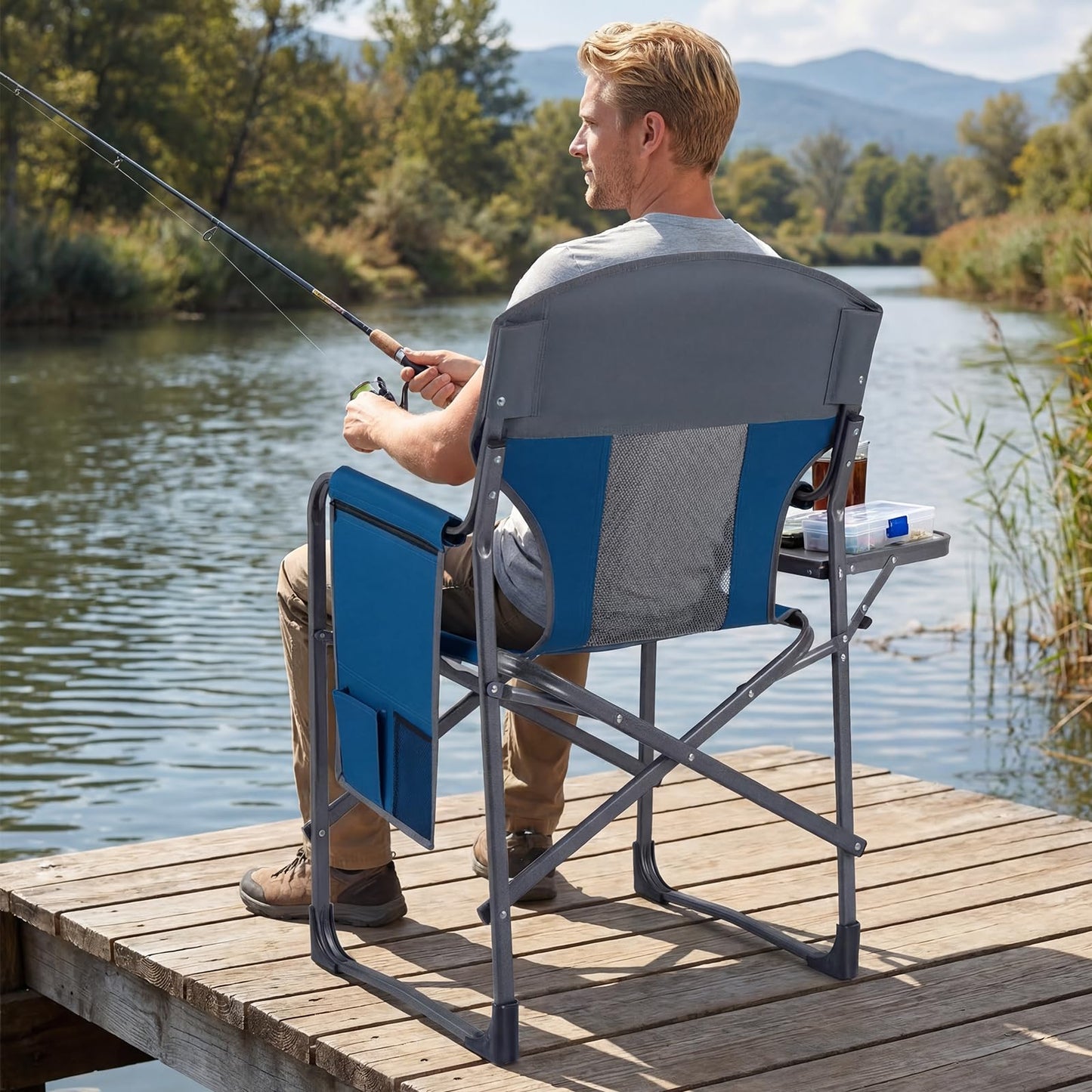 Folding Directors Chair, Oversized Camping Chairs with Side Table and Cup Holder
