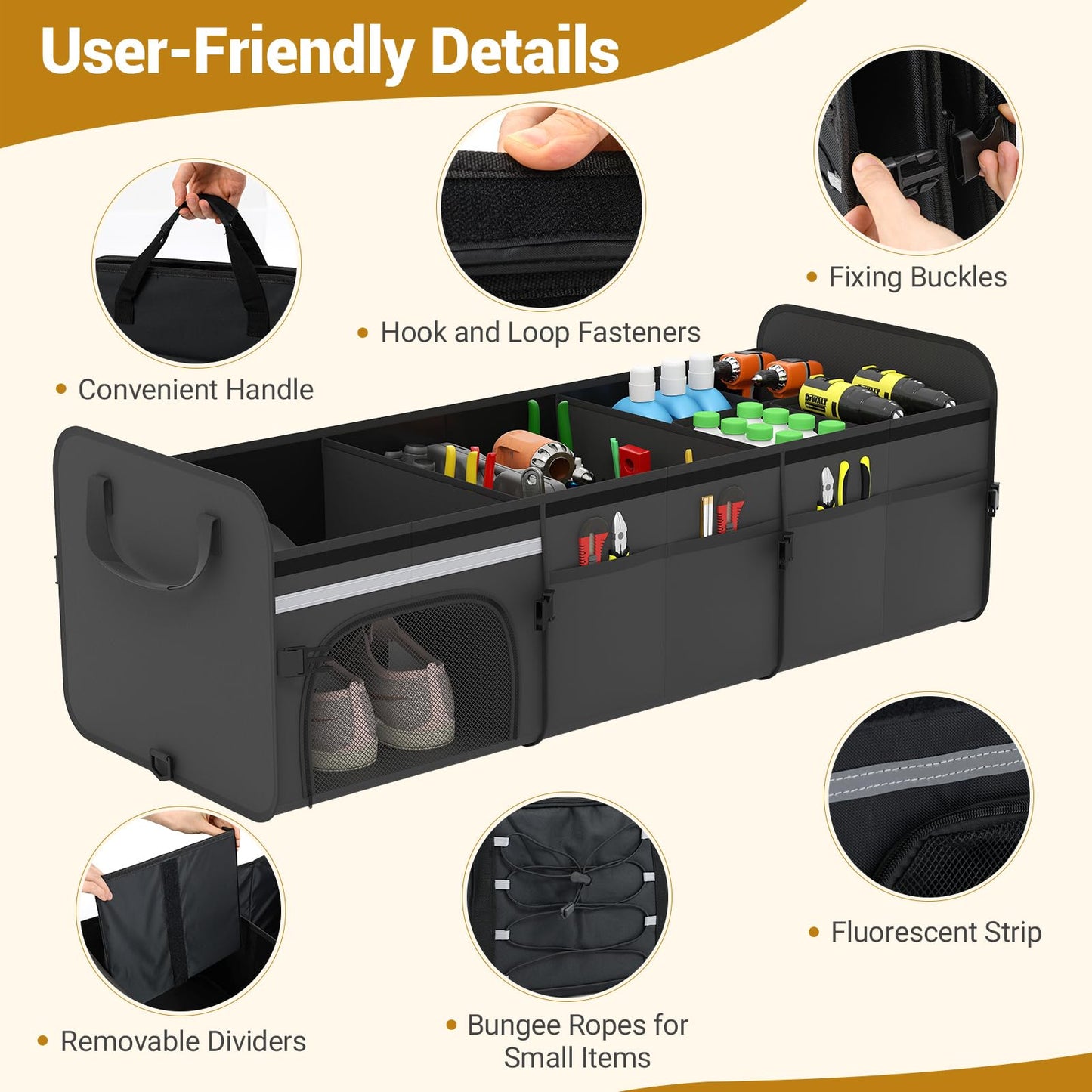 67 L Car Trunk Organizer with Lid 3-Compartment Portable Storage Box