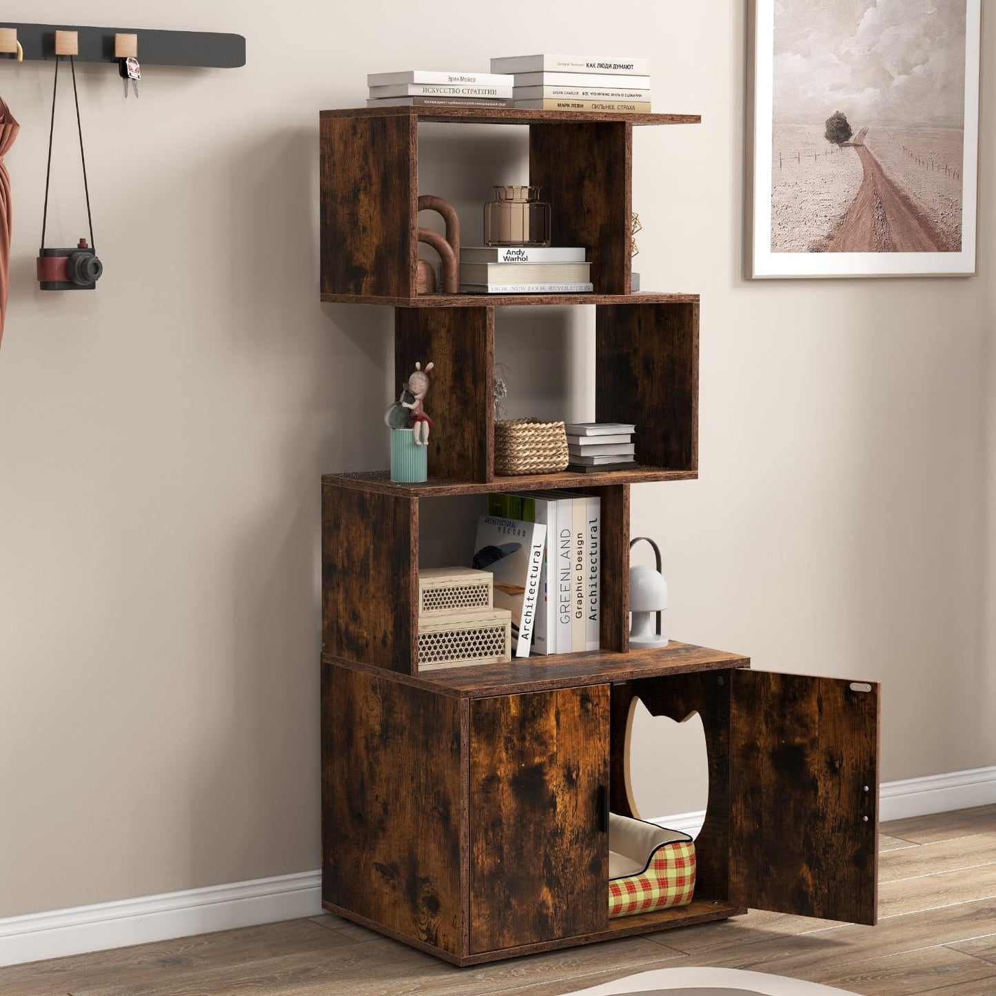 2 in 1 Hidden Cats Washroom Furniture with 3 Storage Shelves