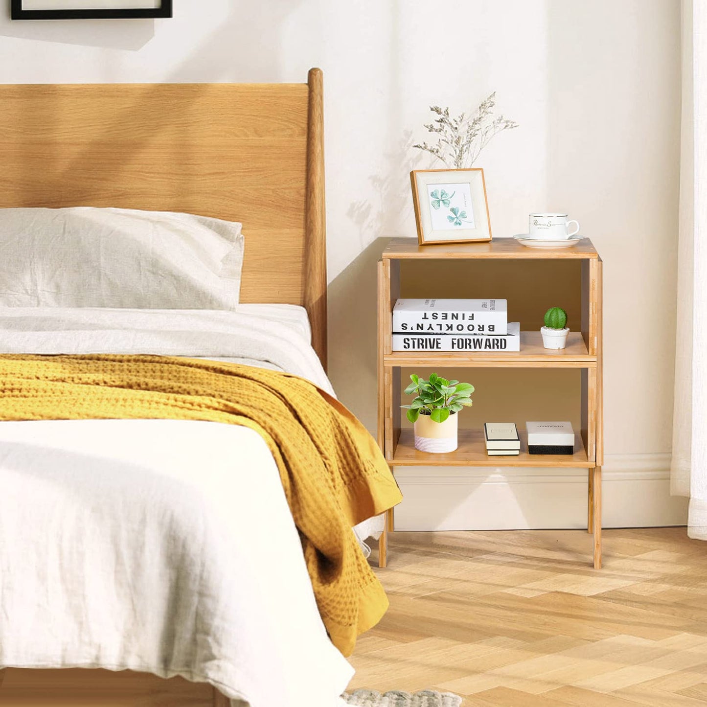 Set of 2 Stackable Bedside Table with Open Storage Compartment