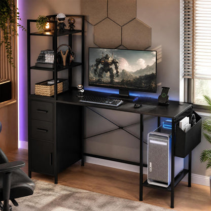 145cm Computer Desk with LED Lights and Power Outlets